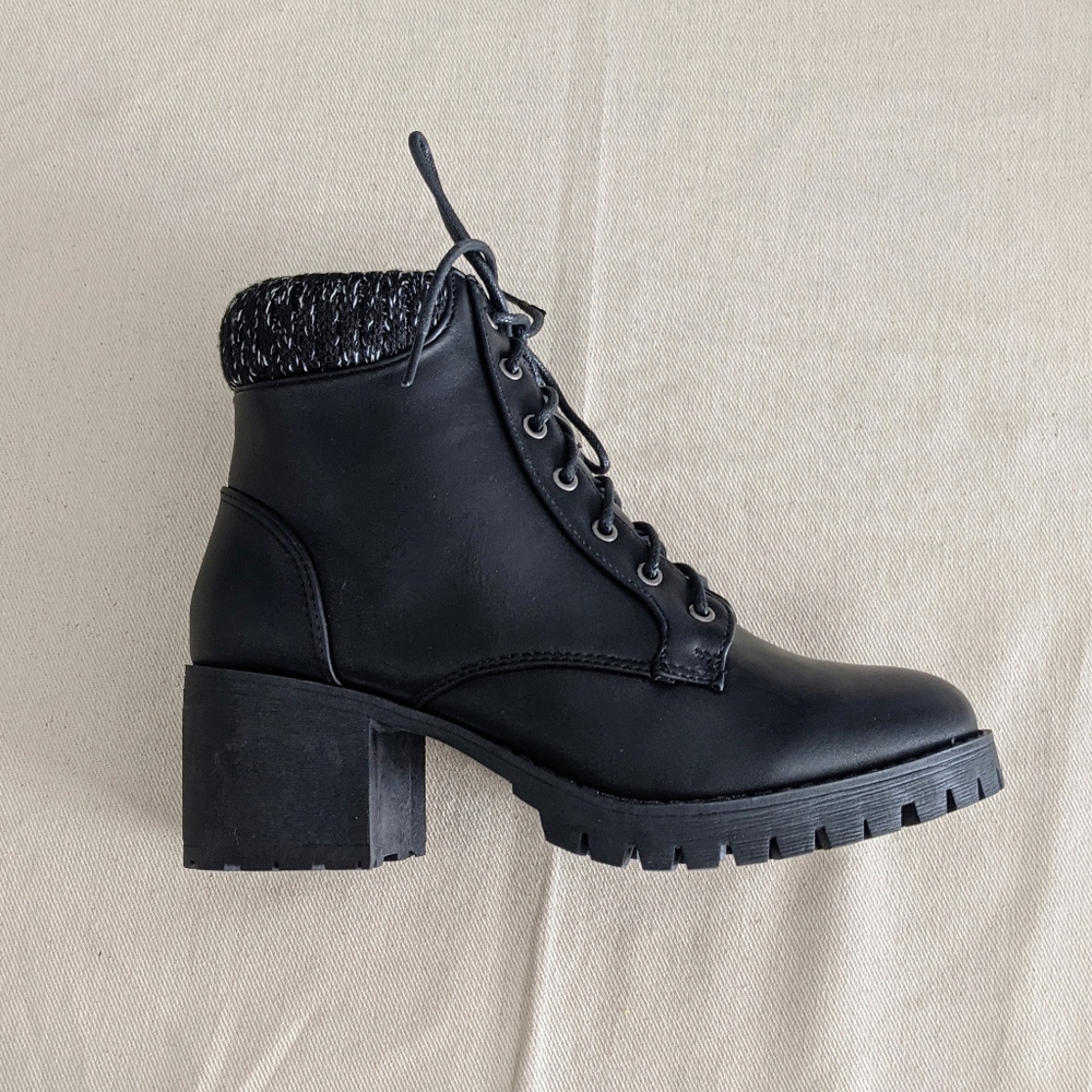 Black Block Heel Lace up Zipper Ankle Bootie Boot